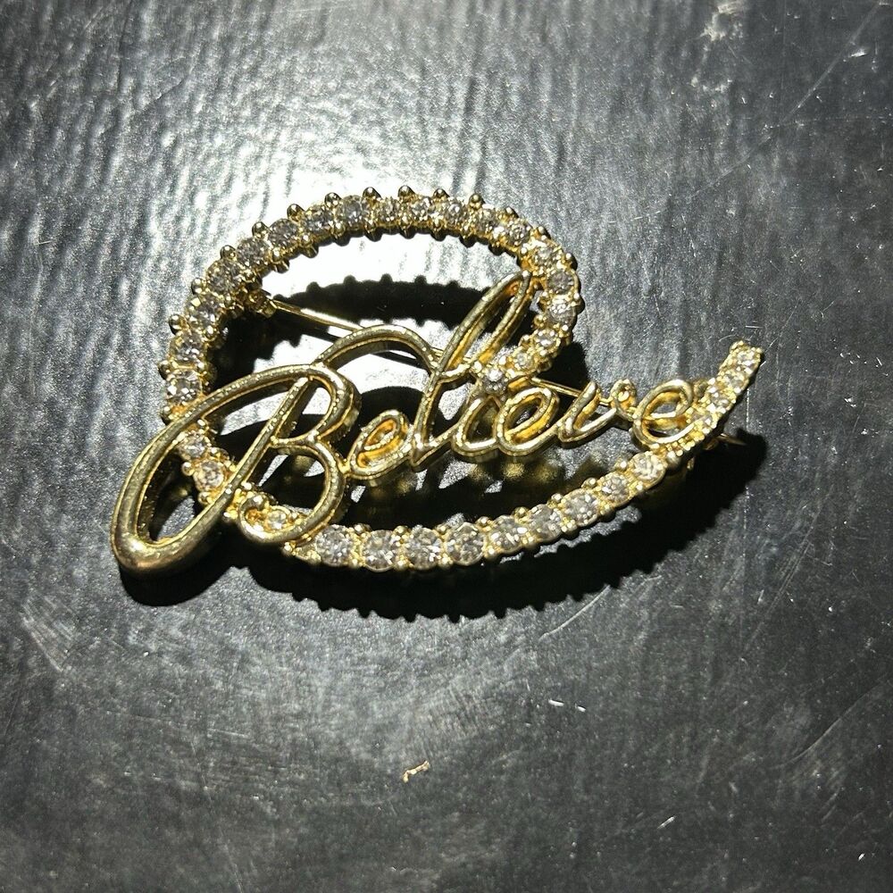 Vintage Gold Tone Christmas "BELIEVE" Rhinestone Brooch
